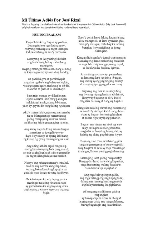 Mi Ultimo Adiós (Jose Rizal): Spanish, English, Tagalog.